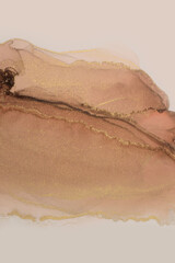 Watercolor, alcohol ink wave flou texture landscape painting. Abstract gold, brown and beige neutral background.