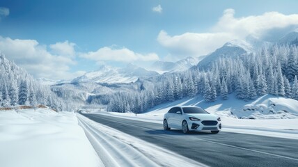 a car speeding down a snowy road, surrounded by a breathtaking winter landscape of snow-covered mountains and a dense forest. Emphasize the sense of motion and adventure.