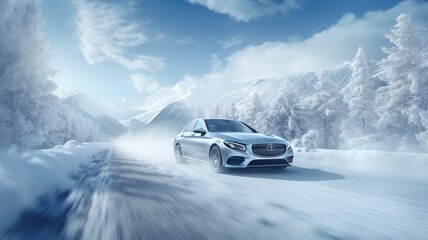 a car speeding down a snowy road, surrounded by a breathtaking winter landscape of snow-covered mountains and a dense forest. Emphasize the sense of motion and adventure. - obrazy, fototapety, plakaty