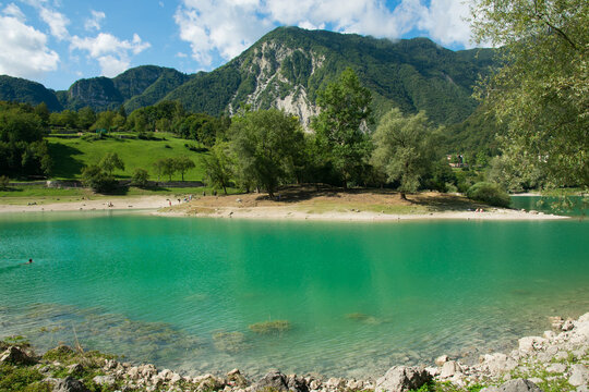 Summer day with the panorama view at Tenno lake in South Tyrol, close to lake Garda, Trentino, Italy