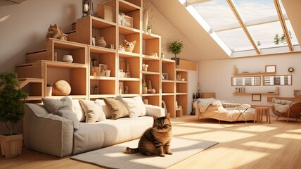 two content cats inside a stylish wooden cat house set in a Scandinavian-inspired living room with a bright, minimalist interior. Highlight the contrast between the natural wood and the modern.