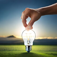 grasping a lightbulb with energy sources while leaning on a green leaf responsible environmental practices and sustainable development renewable energy sources and the ecology concept.