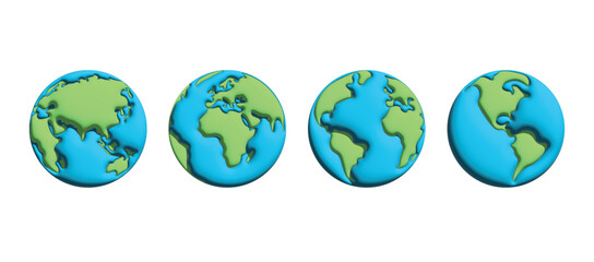 Cartoon 3d Earth globe different sides. Planet hemispheres with continents. World map. Globes web icon. Vector illustration isolated on white background.