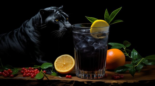 Cocktail Black Panther, black background, copy space