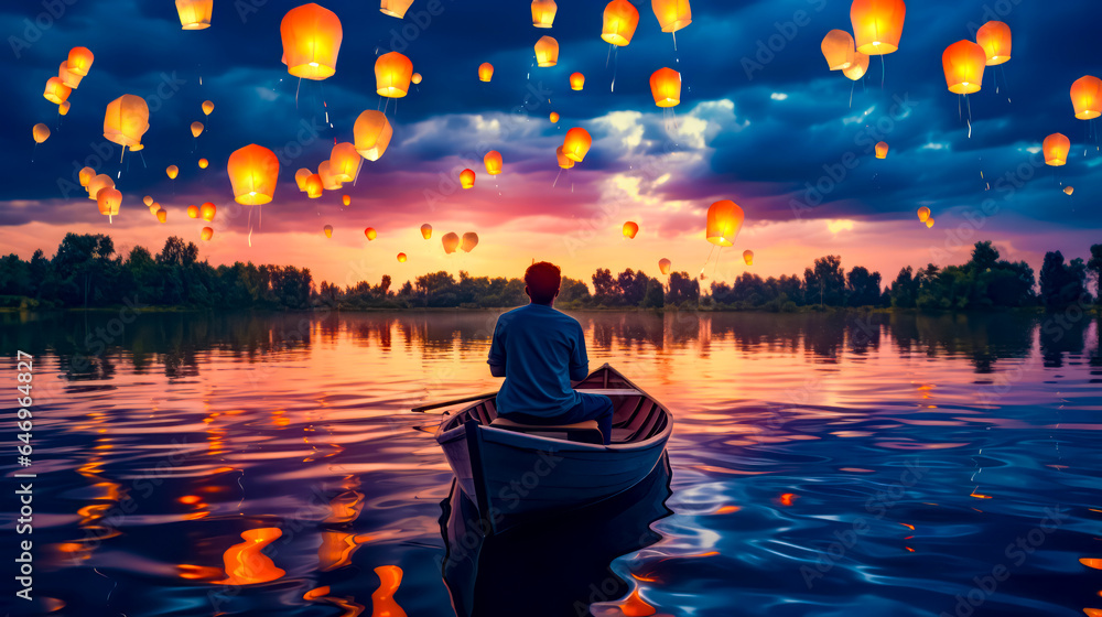 Poster man in rowboat floating on top of lake surrounded by floating lanterns.
