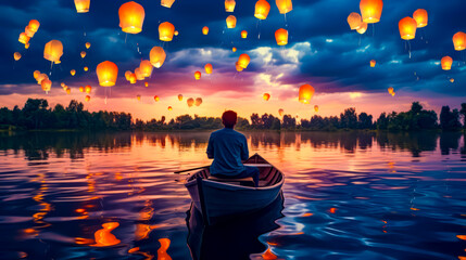 Man in rowboat floating on top of lake surrounded by floating lanterns.