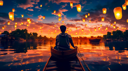 Man in row boat floating on top of lake filled with floating lanterns.