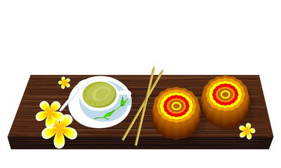 Zhongqiu Mooncakes Wooden Food Board Chinese Harvest Moon Festival, vector art illustration.