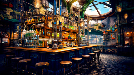 Obraz premium Painting of bar with lots of bottles on the shelves and stools.