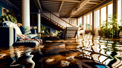 Flooded living room filled with furniture and staircase leading up to second floor.