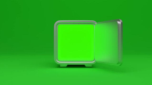 Bank safe with opening steel door, perspective view on chromakey background. Metal vault box for money storage in. Vault with lock and handle.