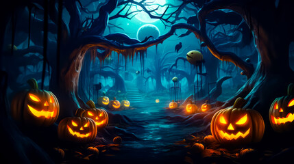 Fototapeta na wymiar Halloween scene with pumpkins in the woods and full moon in the sky.