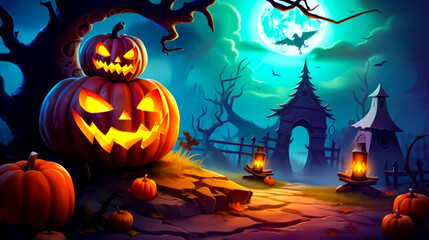 Fototapeta na wymiar Halloween scene with jack o lantern and full moon in the background.