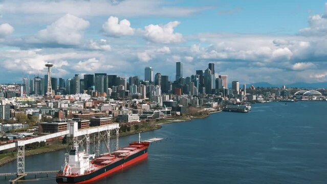 Aerial of Seattle Skyline over the bay from Elliot Bay Park, Seattle, Washington 4