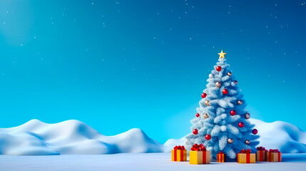 Christmas tree with presents in front of snowy landscape with blue sky.