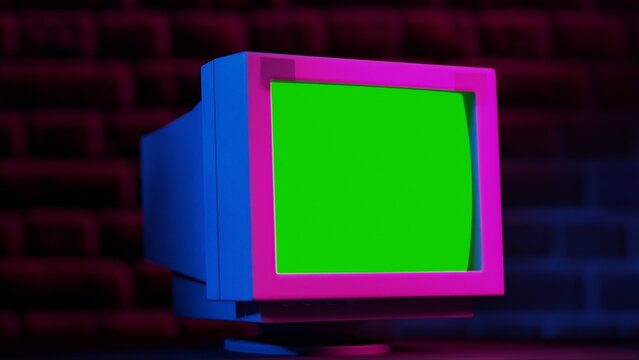 Close Up Footage of a Dated computer with Green Screen Mock Up Chroma Key Template Display. Nostalgic Retro Nineties Technology Concept.
