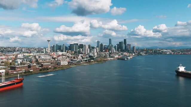 Aerial of Seattle Skyline over the bay from Elliot Bay Park, Seattle, Washington 3