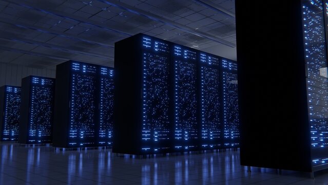 Data processing and storage center. Server room. Supercomputer. Technology.	