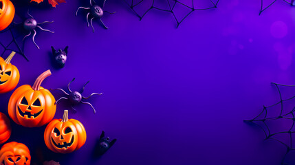 Purple halloween background with pumpkins, bats, and spider webs.