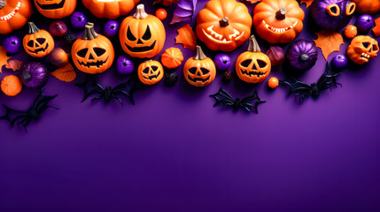 Purple background with pumpkins, bats, and spider webs on it.