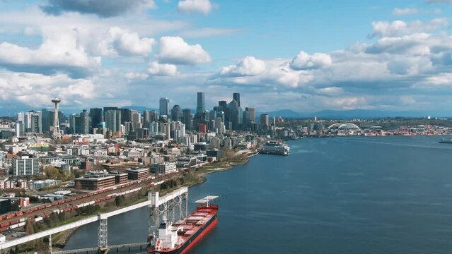 Aerial of Seattle Skyline over the bay from Elliot Bay Park, Seattle, Washington 1