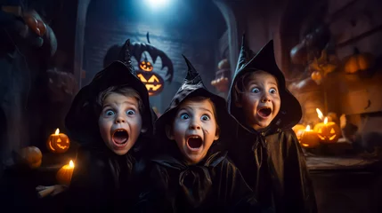 Foto op Plexiglas Group of children dressed up in halloween costumes with pumpkins in the background. © Констянтин Батыльчук