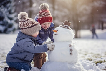 Children playing in the snow make a snowman, generative ai
