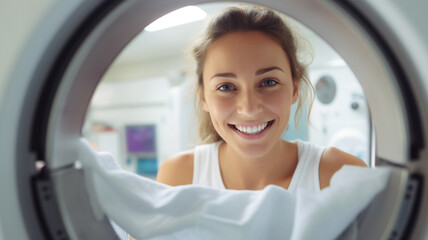 View looking out from washing machine with white laundry