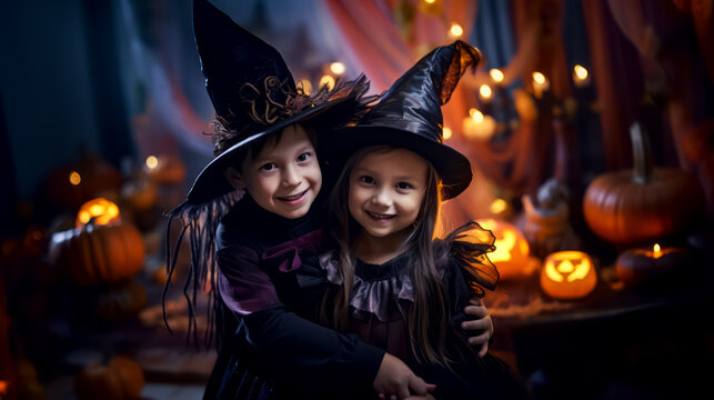 Two little girls dressed in witches costumes posing for picture together in front of halloween scene.