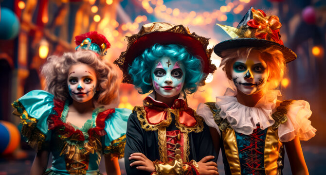 Group of people dressed up as clowns posing for picture together.