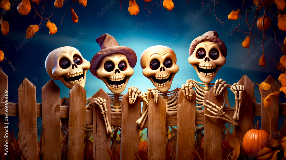 Poster group of skeletons standing next to each other in front of fence.