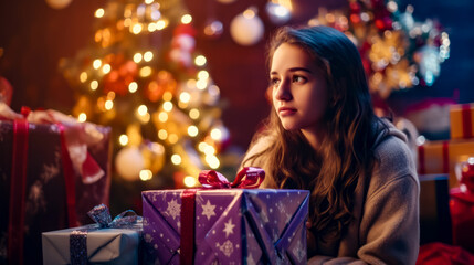 Beautiful young woman sitting in front of christmas tree holding present.