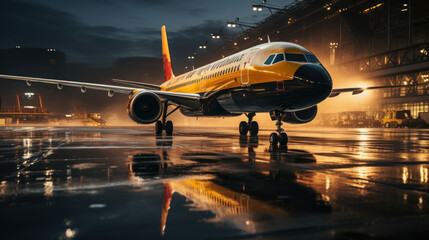 Fototapeta na wymiar airplane on wet taxiway at sunset
