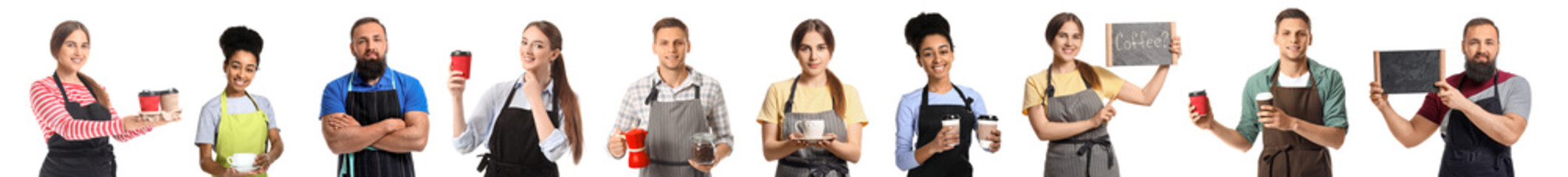 Set of many baristas with hot coffee on white background