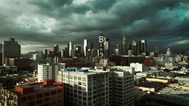 Moody Aerial of sunset over downtown Los Angeles Skyline taken from the arts district, Los Angeles, California 4