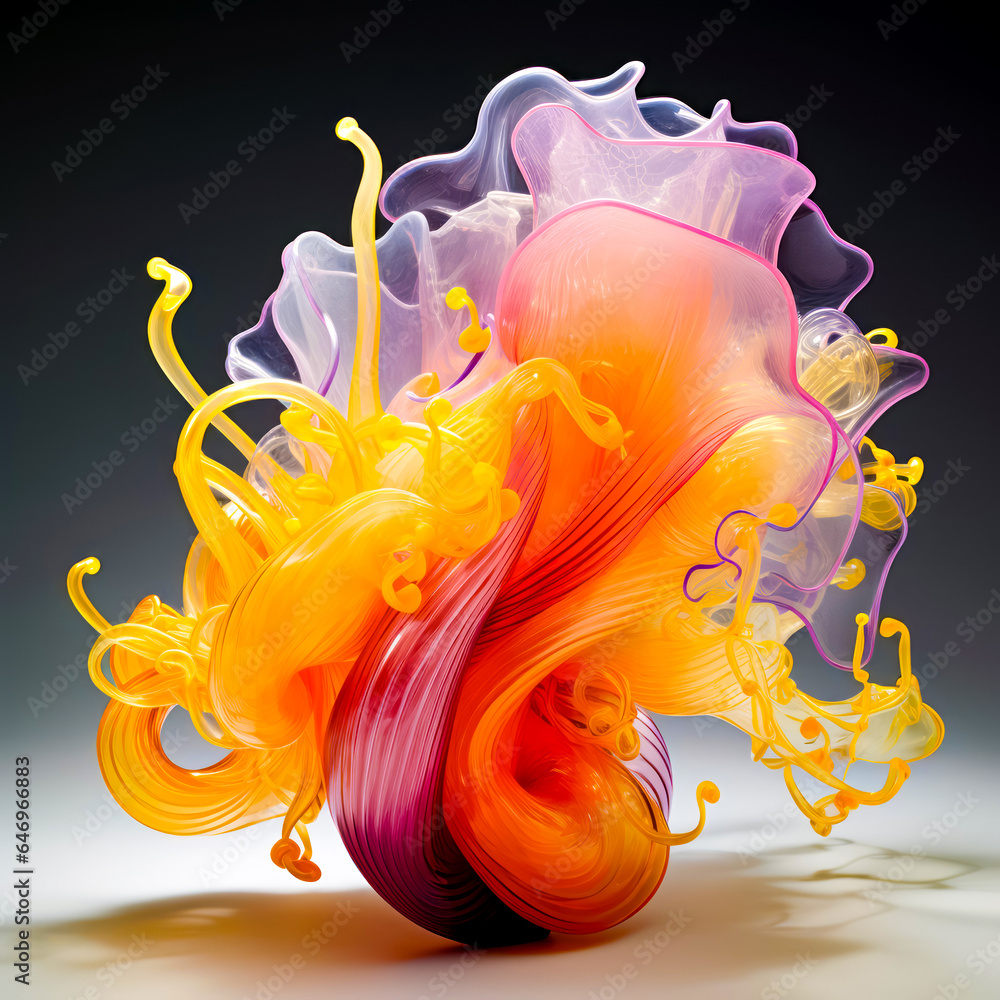 Poster colorful object that is floating in the air on white surface with black background.