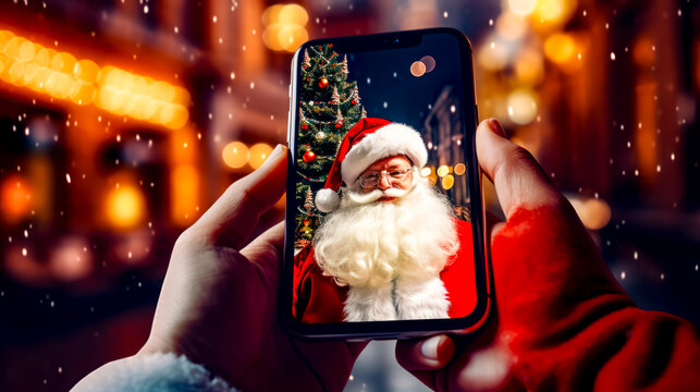 Person taking picture of santa clause on cell phone with christmas tree in the background.