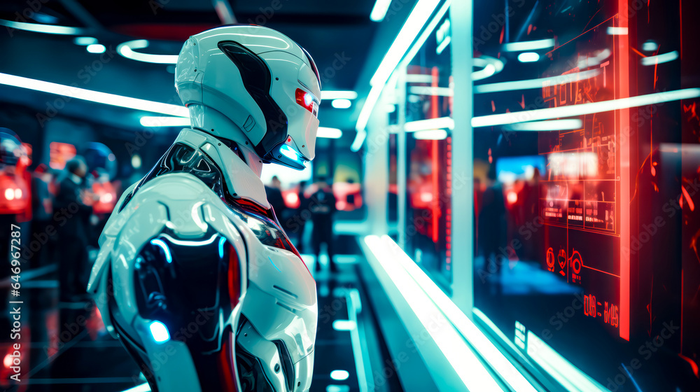 Aufkleber man in futuristic suit standing in front of window with neon lights.