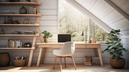 Fototapeta na wymiar Modern home office interior, Scandinavian style and neutral colors