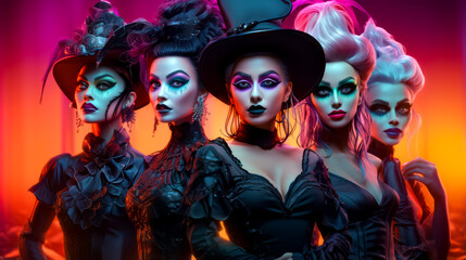 Fototapeta premium Group of women with makeup on their faces posing for photo in front of neon background.