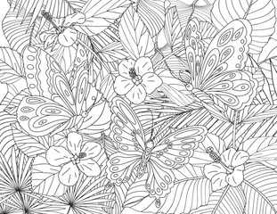 Coloring page made of tropical flowers and leaves. The best activity to relieve stress.