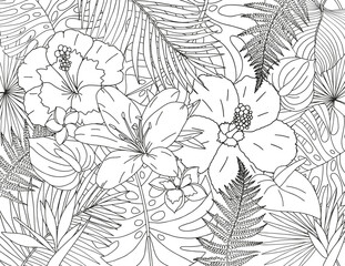 Coloring page made of tropical flowers and leaves. The best activity to relieve stress.