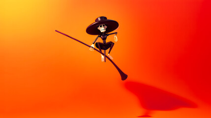 Skeleton wearing sombrero and hat is flying on broom.