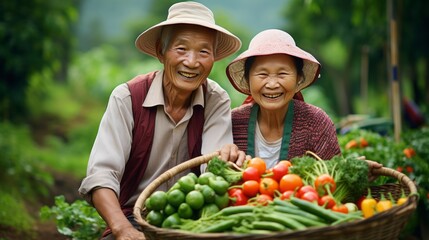 Elderly Asian couple in a garden with harvest