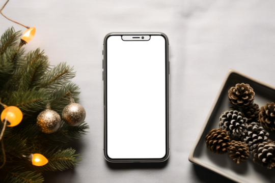 Smartphone with transparent cut out. Concept of Christmas time, preparations, shopping for presents or deals and things to be done in December.