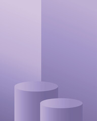 3d background products display podium scene with cylinder platform. Stand to show cosmetic product vector mock up. Violet podium isolated on violet background. Vector illustration.