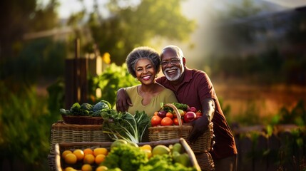 Senior African American couple in a garden with harvest