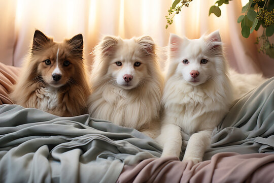 portrait of three long hair dogs on the sofa in front of a window