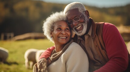 A Happy African American Couple in a farm with sheep in the background