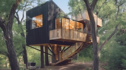 The exterior design of modern and luxurious treehouse in the forest. Generative AI image AIG30.